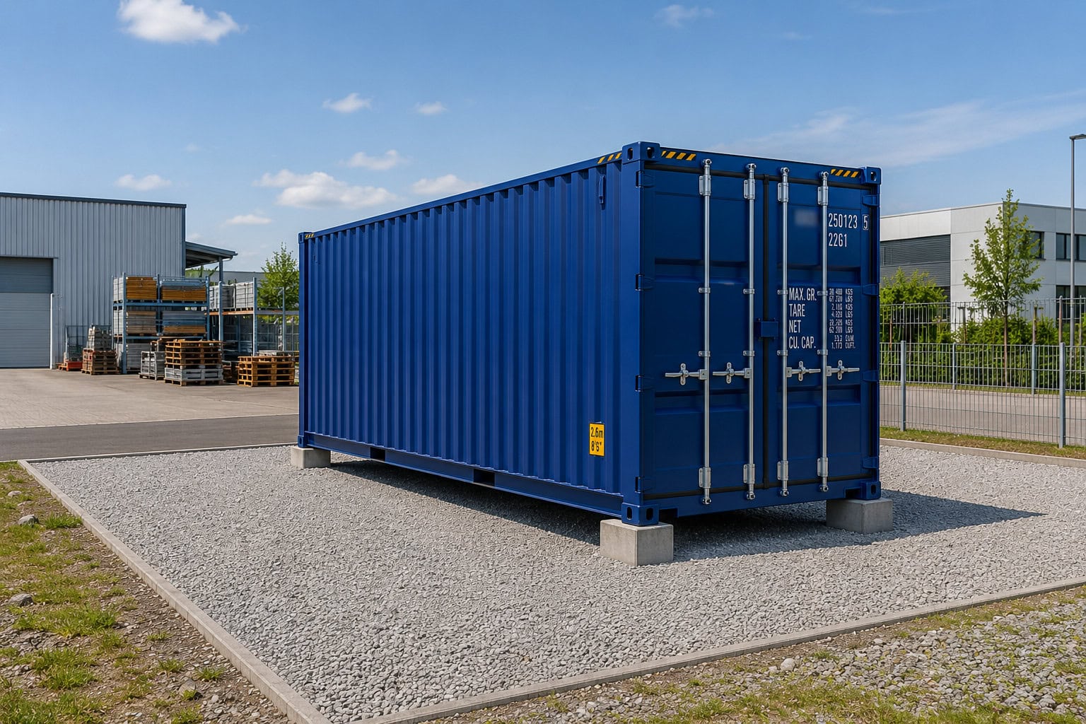 Seecontainer auf vorbereitetem Kiesplatz mit tragfähigem Untergrund in der Schweiz