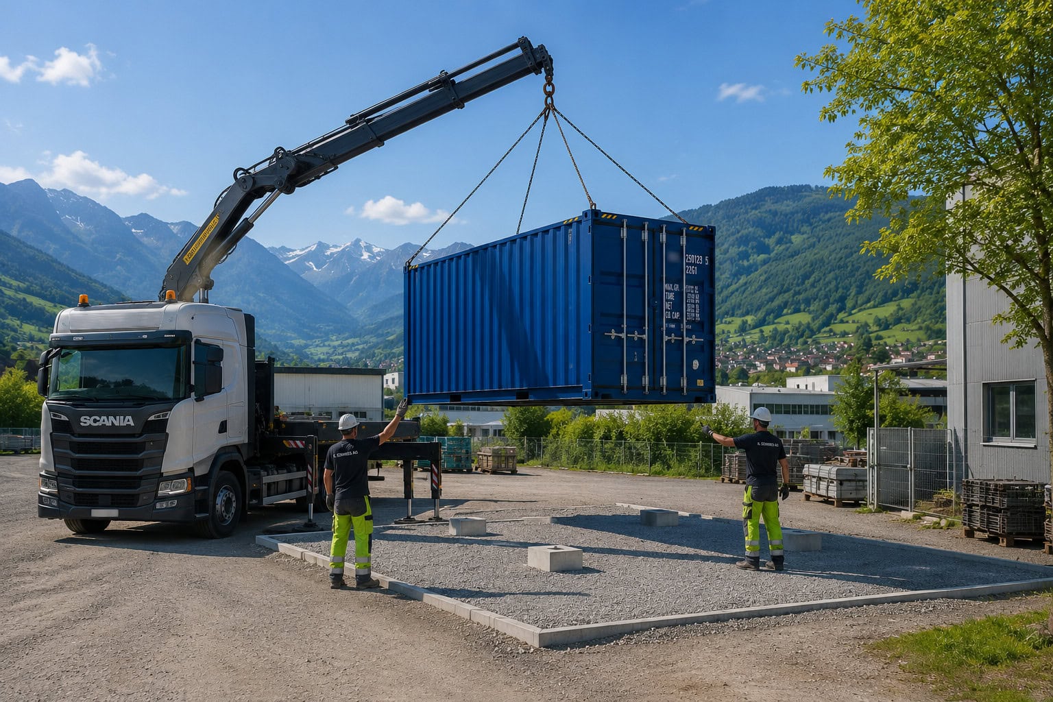 Containerlieferung mit Kranablad auf vorbereiteten Stellplatz in der Schweiz