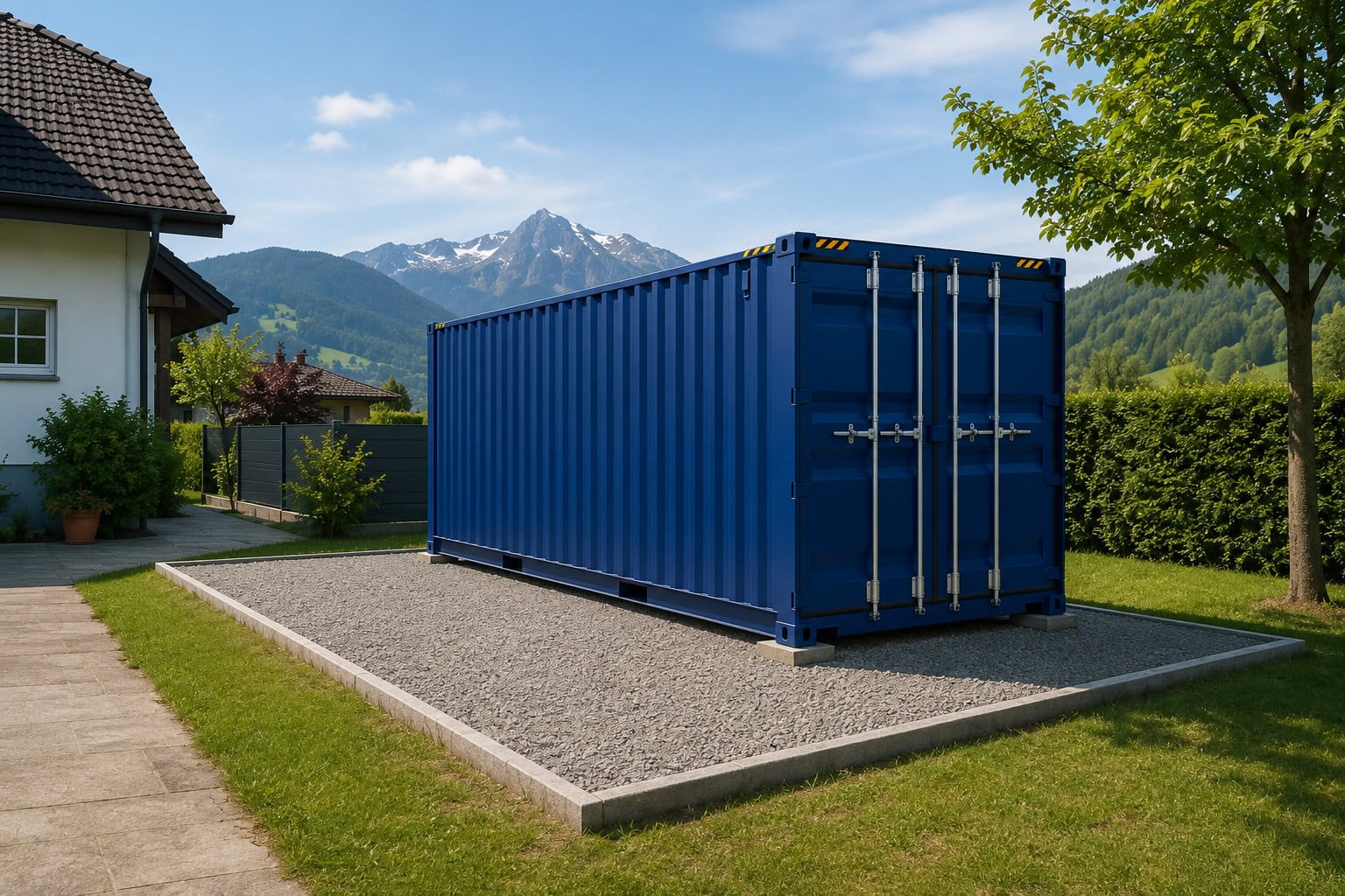20-Fuss-Seecontainer auf vorbereitetem Stellplatz auf privatem Grundstück in der Schweiz