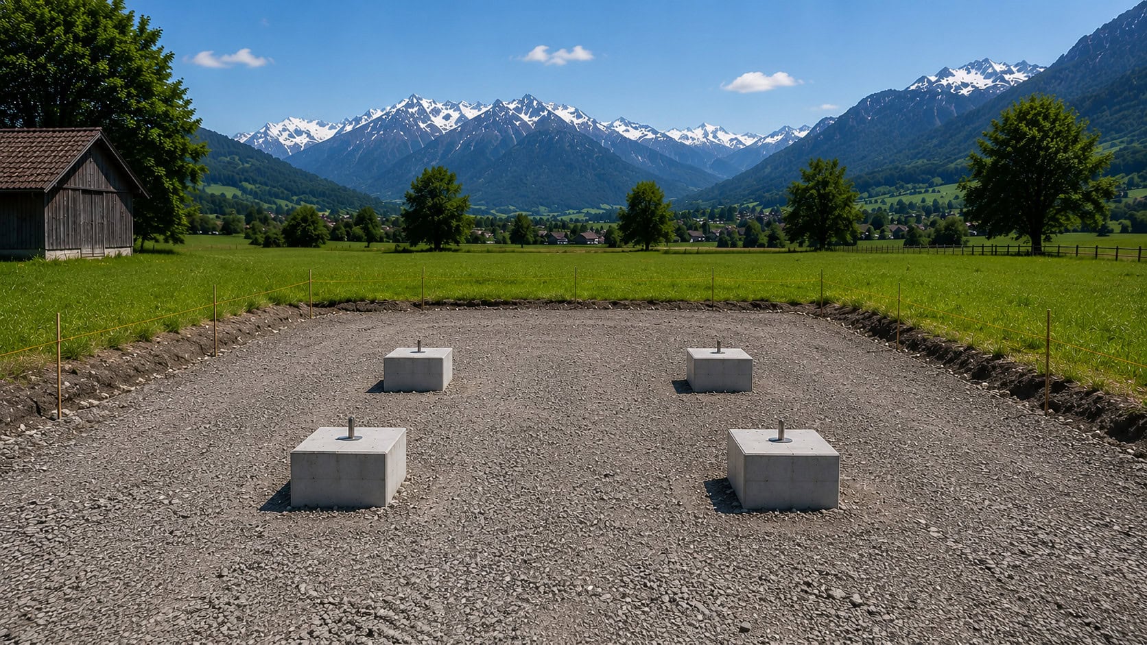 Vorbereiteter Stellplatz für einen Seecontainer mit geeigneten Betonauflagepunkten auf verdichtetem Untergrund in der Schweiz
