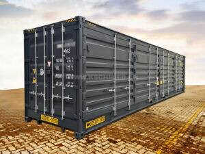 Perspektivansicht des neuen 40 Fuss High Cube All Side Access Seecontainers in Anthrazitgrau RAL 7016